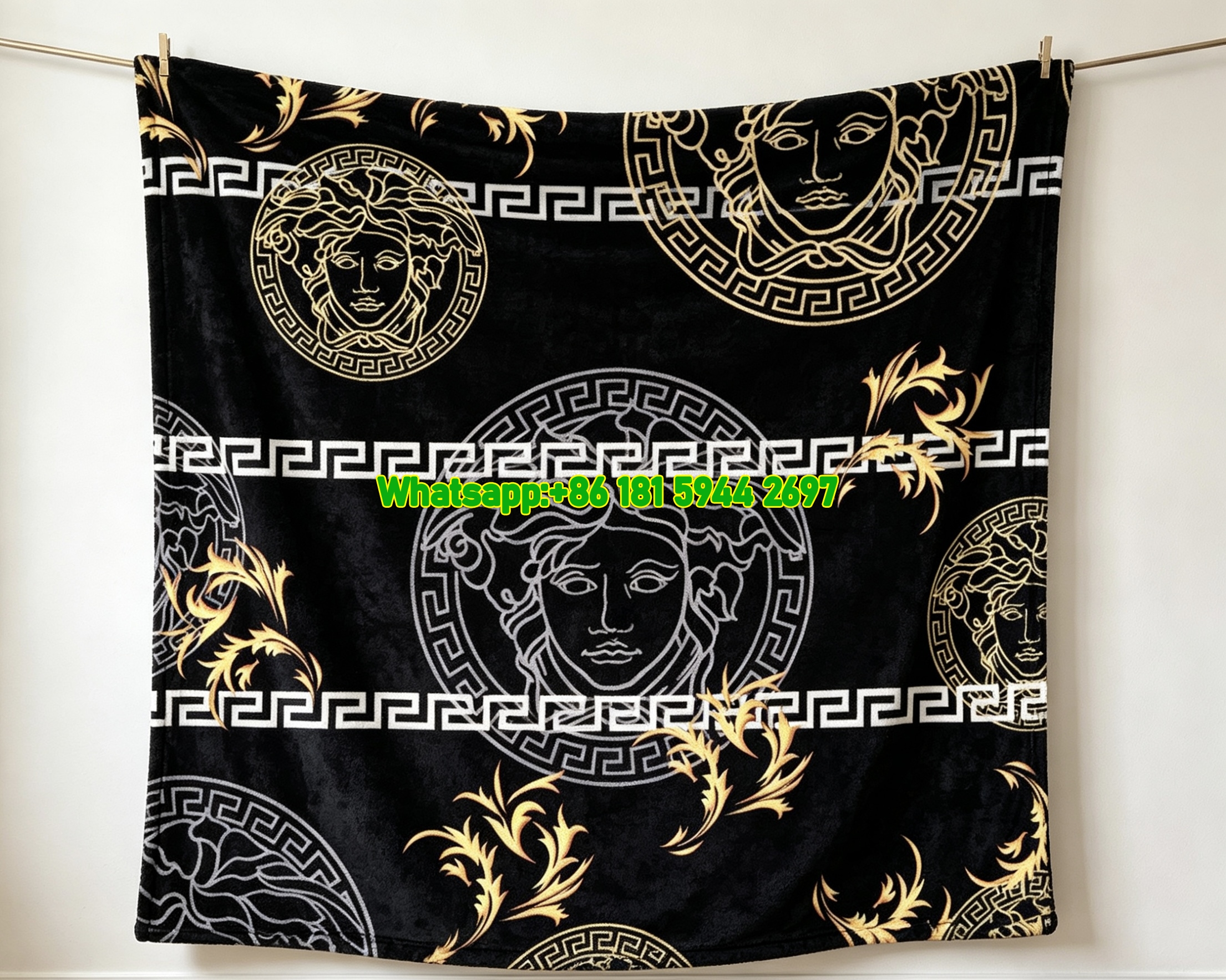 Versace Black Gold Silver Medusa Pattern Flannel Sofa Throw Blanket IMG_1356